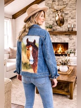 Upcycled HORSE equestrian Denim/jean Jacket w Distressed Edges southwestern vibe